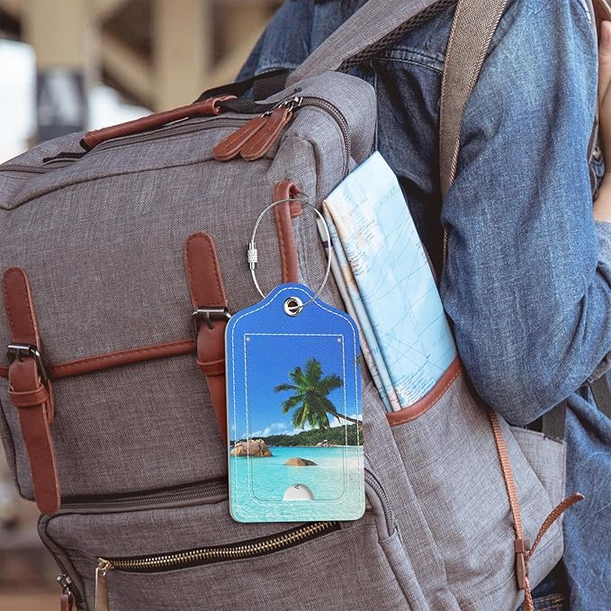 Luggage Tags for Suitcase, 2 Pack PU Leather Travel Cruise Luggage Tag with Privacy Flap, Name ID Label and Metal Loop for Women Men Girls Suitcase Baggage Bag Backpack Instrument, Happy Beach