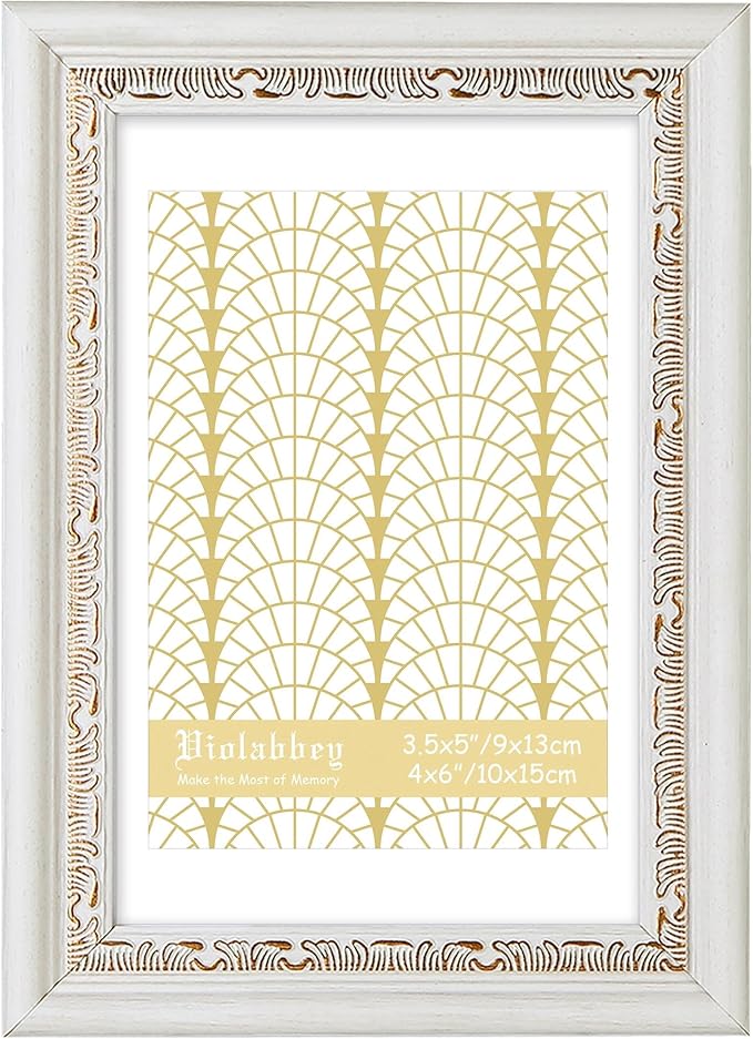 VIOLABBEY 4x6 White Gold Picture Frame, Display 3.5x5 Photo with Mat or 4x6 without Mat, Ornate Vintage 4 x 6 White Gold Frame for Wall Decor or Tabletop Display