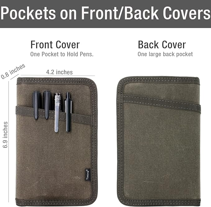 Journal Cover for Field Notes Notebooks Moleskine Cahier 3.5 x 5.5 with zipper pen holder, Water Resistant Pocket Notebook Cover for Journal Notebook planner, Classy Waxed Canvas, Olive