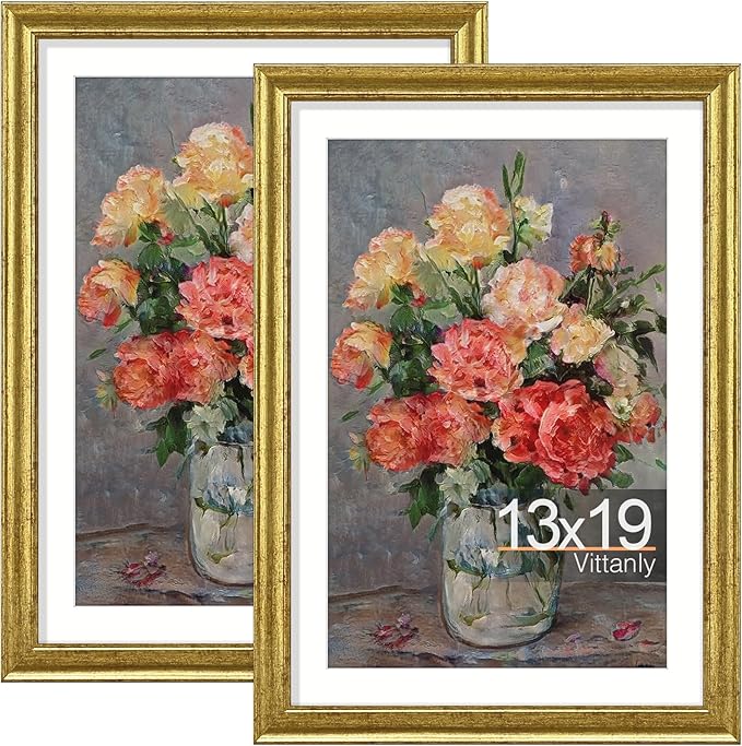 Vittanly 13x19 Picture Frames Set of 2, Ornate Vintage Photo Frame for Wall Mount, Display 11x17 Pictures with Mat or 13x19 without Mat, Rustic Gold