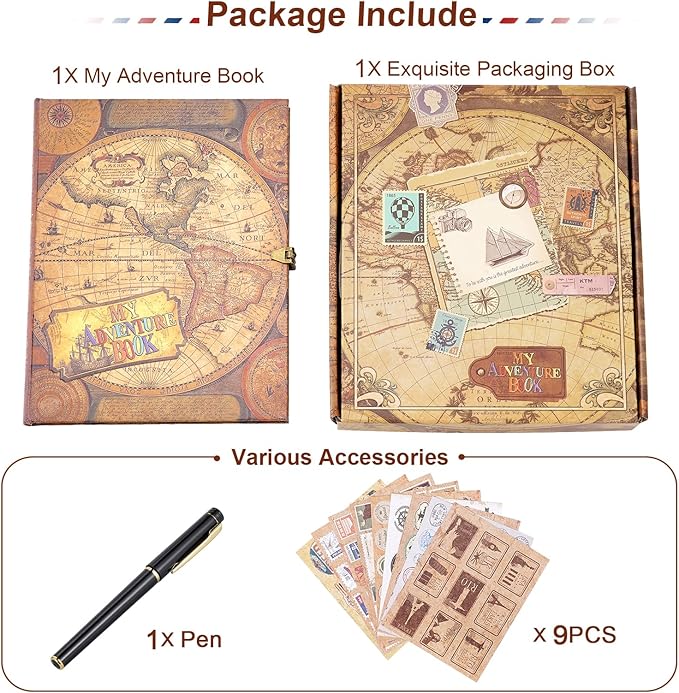 My Adventure Book Scrapbook 124 Pages Retro Style Embossed Photo Album,DIY Handmade Memory Travel Diary Photo Scrapbook for Couples,Anniversary,Wedding,Valentines Day Gifts(Retro Map)