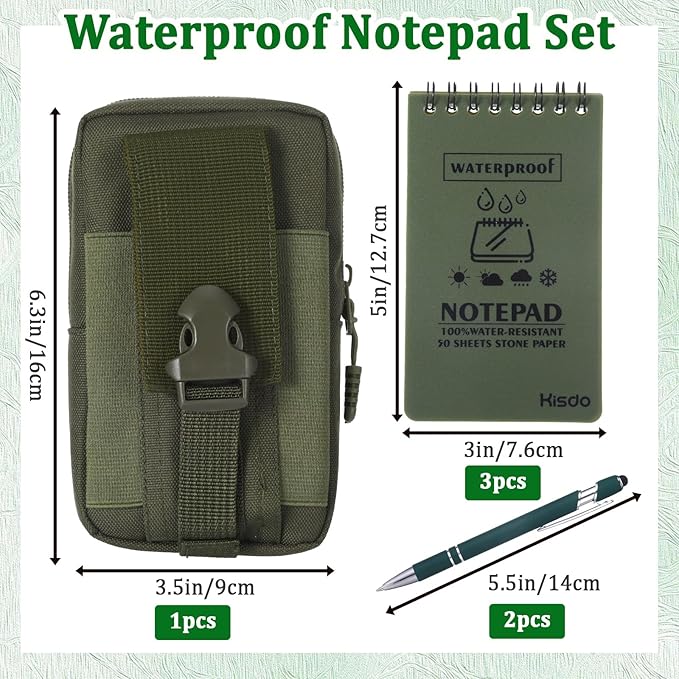 6 Pcs Waterproof Notebook Set, Write in The Rain Notebook, All Weather Notebook, Police Notepad, Field Notes Notebooks, 3 × 5" Pocket Notebook with Pen and Cover for Outdoor Activities Recording Green