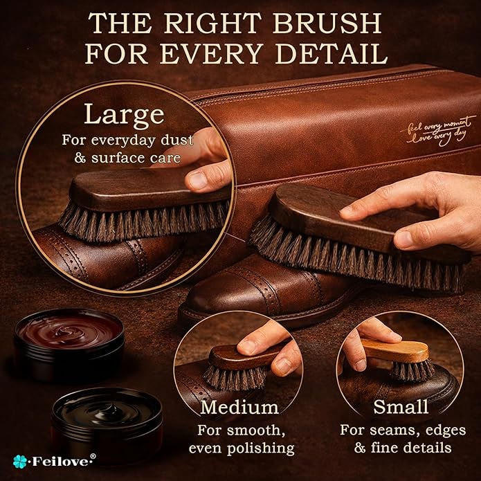 Shoe Care Kit – 16-in-1 Leather Shoe Polish, Cleaning & Conditioning Kit with Saddle Soap & Mink Oil – Black/Brown/Neutral Shoe Polish, 3 Horsehair Brushes – Luxury Leather Bag – Gift for Men & Women