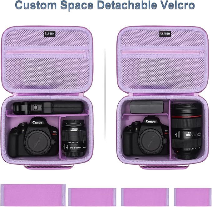 Camera Case Compatible with Canon EOS Rebel T7/R50/R6 Mark II/R100/R50 V/T6/R8/R10/R5 Mark II/RP/R7/5D Mark IV/SL3/R5/T100 DSLR SLR Camera, Len and Tripod with 4 Dividers and Shoulder Strap, Purple