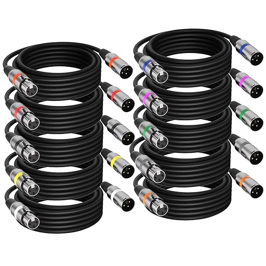Professional 10 Pack 25FT XLR Cables, Noise Free and Long-Lasting Braided XLR Microphone Cable, All Copper Conductors Balanced Male to Female Mic Cable for Studio Monitor, Mixer, DMX, Colorful