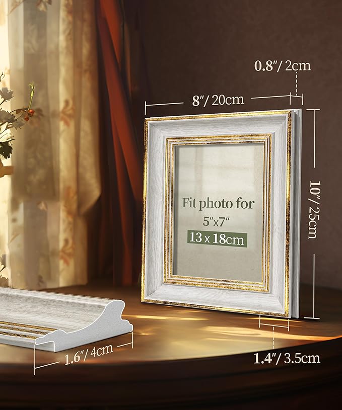 Afuly 5x7 Picture Frame Antique Vintage Photo Frame Retro White Gold Picture Frames for Desk Standing Wall Hanging Home Decor Wedding Gifts Birthday Gift for Grandma Mom