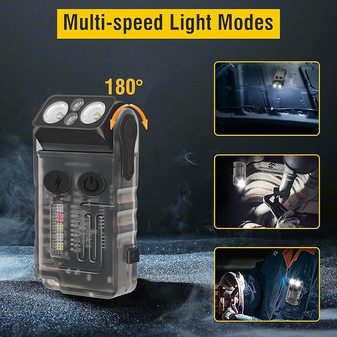 Boruit V20 Small Powerful Flashlight Super Bright with 365nm UV, Red Blue Green Warm Light, 180° Swivels, 110dB Buzzer, Mini Keychain Pocket Rechargeable LED Flashlights Usb EDC Clip Flash Light Black