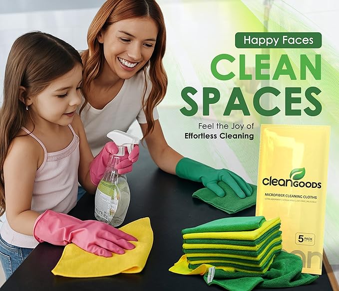 Microfiber Cleaning Cloths 16"x16" - Ultra Absorbent Cleaning Rags for Housekeeping - Reusable Microfiber Towels in Yellow and Green - Detailing Supplies for Kitchen Car Windows 5 Pack