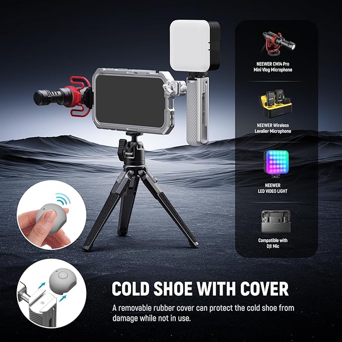 NEEWER Quick Release Side Handle with Detachable Bluetooth Shutter, Anti Off Cold Shoe, 360° Rotation, Compatible with iPhone 16 Pro 16 Pro Max S25 Ultra Phone Cage Accessories, Silver + Gray, PA045E