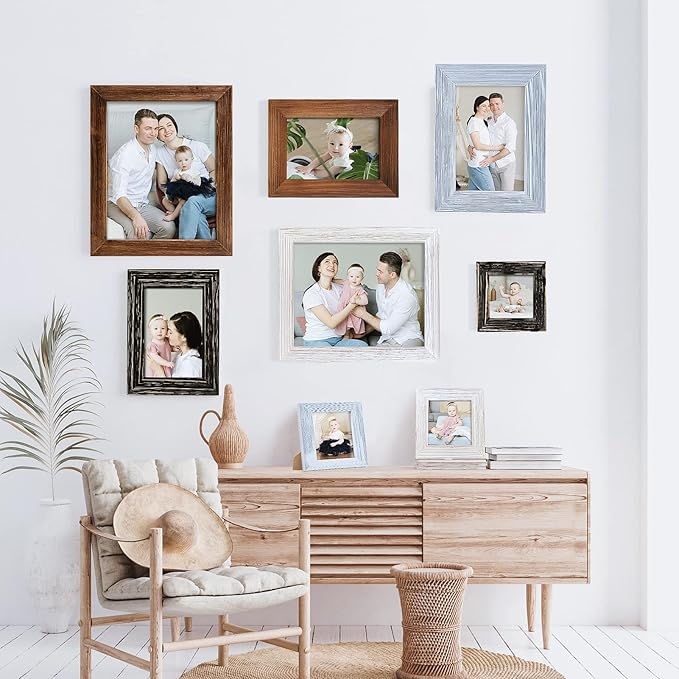 4 x 4 Picture Frame Square Wood Distressed Simple Striped Border Designed Brown Wooden Photo Frame with HD Glass for Tabletop Display Wall Mount Wedding Baby Family Farmhouse Collage Home Office Decor