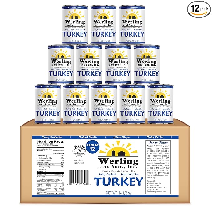 Werling & Sons Fully Cooked Canned Turkey Meat 14.5 Oz Heat & Eat Premium Quality Recipe Ready Canned Meat for Everyday Quick Meals, Camping, Emergency Canned Food & Survival Preparedness Pack of 12