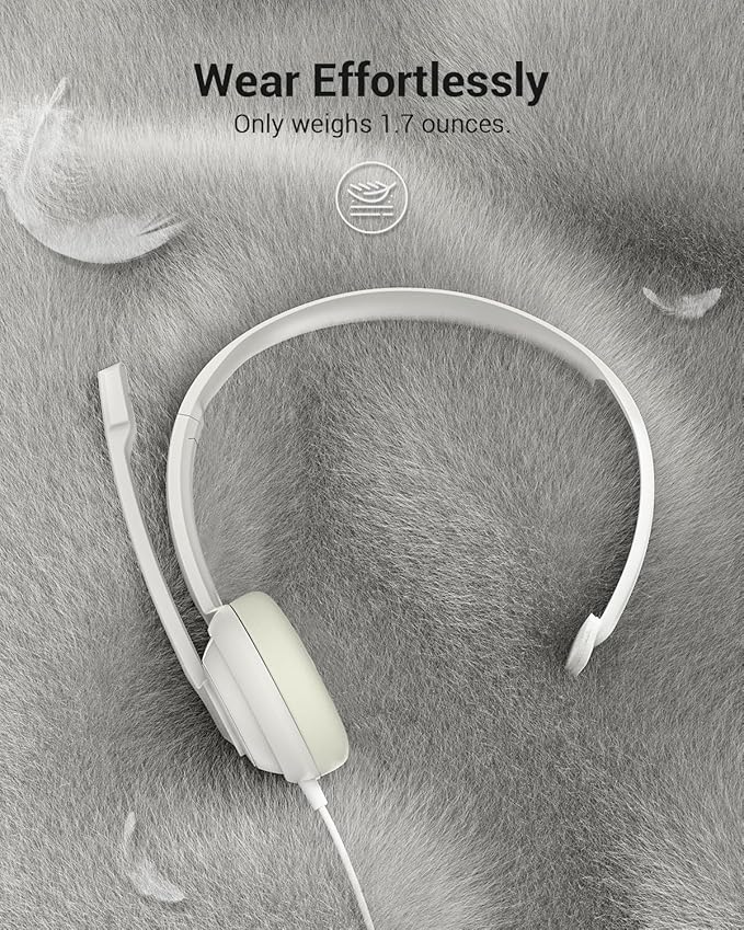HW02 USB Headset with Microphone Noise Cancelling & in-line Control, Super Light, Ultra Comfort On-Ear Wired Office Call Center Headset for Boom Skype Webinars (White)