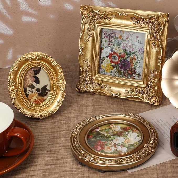 4 PCS Gold Vintage Photo Frame, Small Gold Picture Frames, Mini Ornate Frames, Vintage Picture Frame with Stand for Tabletop Display Christmas DIY Photo-5.5" X 4.7",5.5",3.7" X 4.3",6.3"