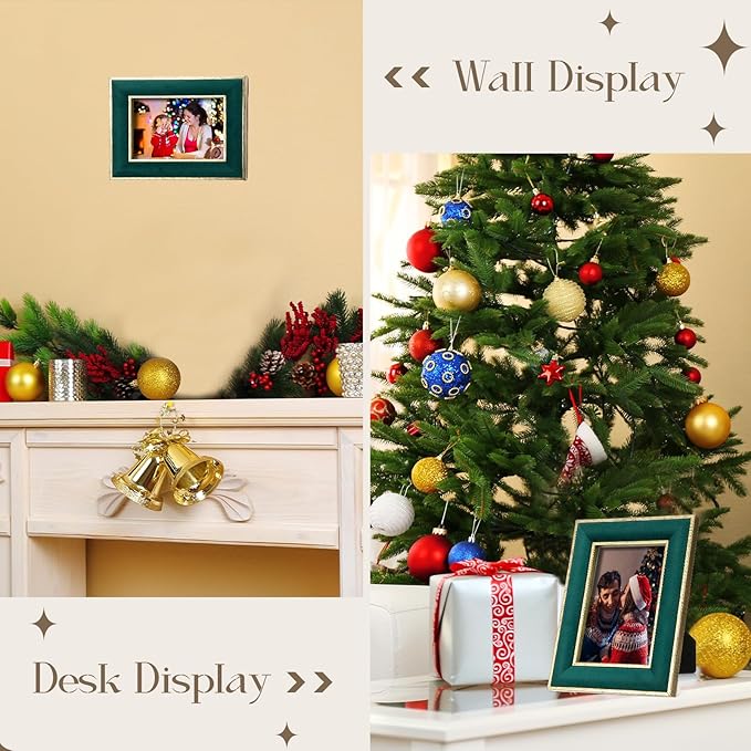 Kathfly 2 Pcs Green Velvet Picture Frame 4 x 6 Inch Vintage Photo Frame with Gold Metal Edge Horizontal & Vertical Mount for Poster Artwork Puzzles Tabletop Wall Display Christmas Home Office Decor