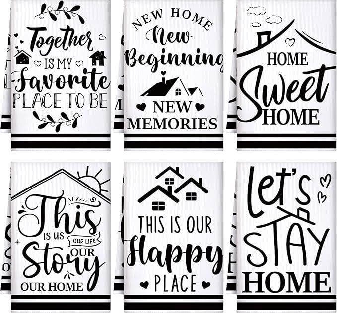 Preboun 6 Pcs New Home Beginning Kitchen Towels Black and White Hand Dish Towels Home Sweet New Memories This is Our Happy Place Bless Housewarming Gifts for Neighbor Friend