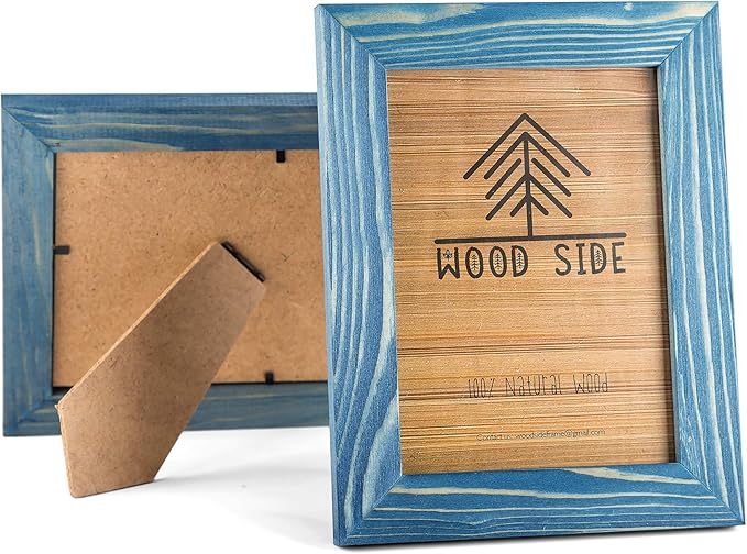 Rustic Wooden Picture Frames 4x6 - Set of 2-100% Natural Eco Solid Wood and High Definition Real Glass for Table Top and Wall Mounting Photo Frame - Navy Blue