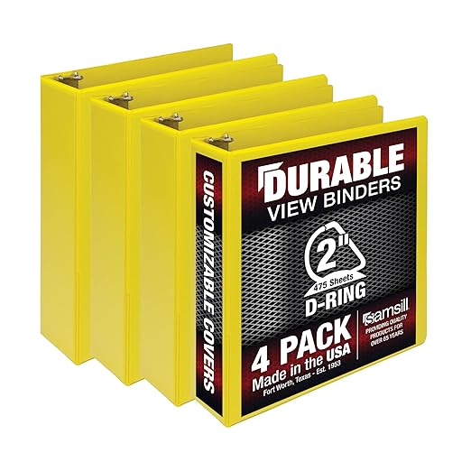 Samsill Durable 2 inch 3 Ring Binder, Made in USA, D Ring Binder, FSC 100% Recycled Chipboard, Yellow, 4 Pack