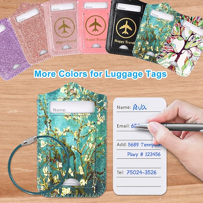 ACdream Luggage Tags 2 Pack, Leather Suitcase Tags Identifiers, Cute Cruise ID Labels with Privacy Cover fits on Backpack, Travel Bag, for Women, Men, Adults, Kids, Blossom