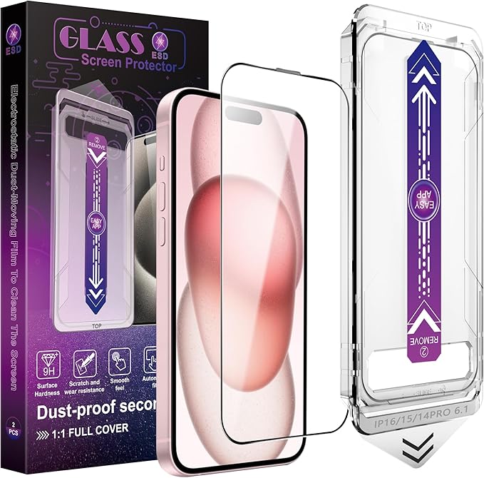 CHRYSHA 2 Pack Screen Protector for iPhone 14 Pro/iPhone 15 / iPhone 16, 9H Tempered Glass, Full Coverage, Anti-Fingerprint, Auto Dust-Elimination, No Bubble, Easy Installation