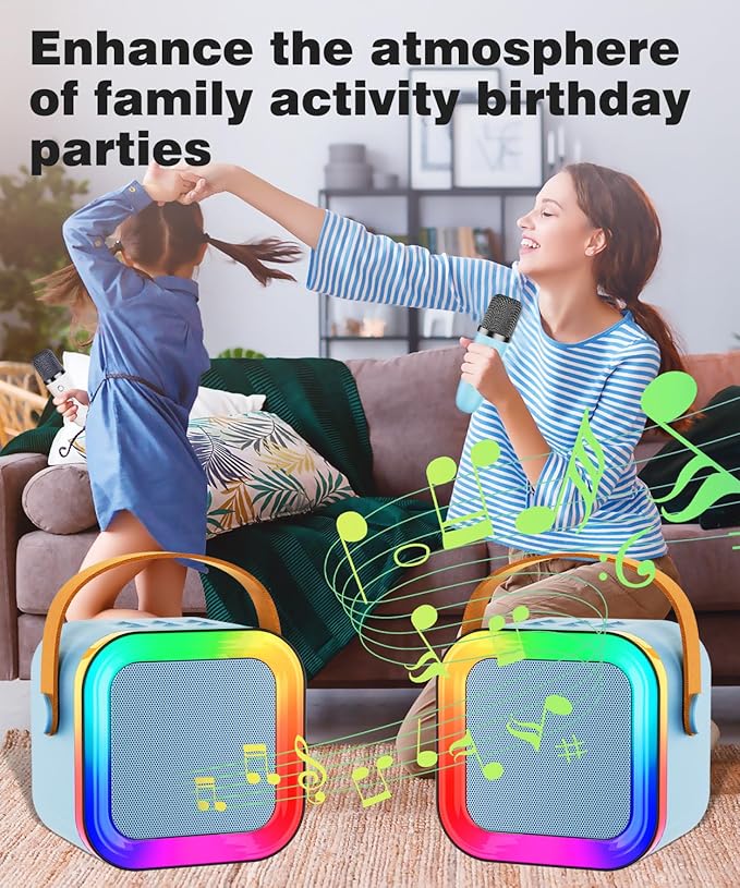 Mini Karaoke Machine Speaker for Kids Adults,Portable Bluetooth with 1-2 Wireless Microphones,Christmas Birthday Gifts Toys Girls Boys Ages 4, 5, 6,7, 8,9,10,11,12+ Years Old Toddler (Blue - 2 Mic)