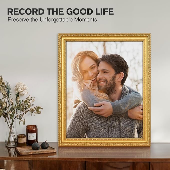 16x20 Gold Picture Frames Set of 2, Ornate Vintage 16 x 20 Photo Frames for Wall Decor or Tabletop Display, Gold Frames with Plexiglass, Display 11x14 Pictures with Mat or 16x20 without Mat for Antique Déco