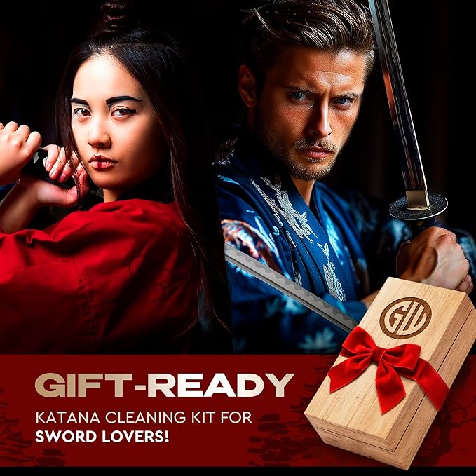 Sword Katana Knife Cleaning Kit - Maintenance Set with 2 Choji Oil - Large Microfiber - Japanese Wooden Stoarge Box - Uchiko Ball - Hammer - 4 Mekugi - Care for Samurai Katanas Swords - Storage Cases