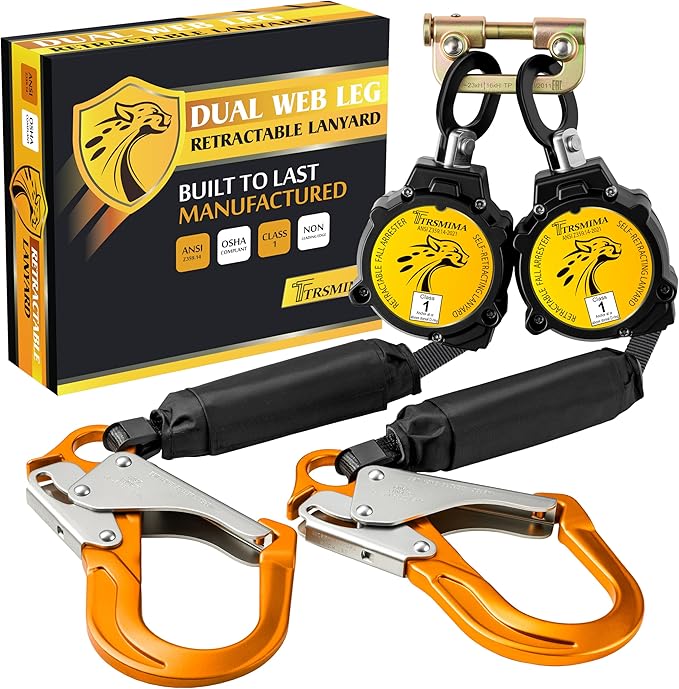 TRSMIMA Fall Protection Retractable Lanyard - 6FT Twin Leg SRL Self Retracting Lanyard for Roofing and Construction - Lightweight Webbing with Dual Aluminum Hooks