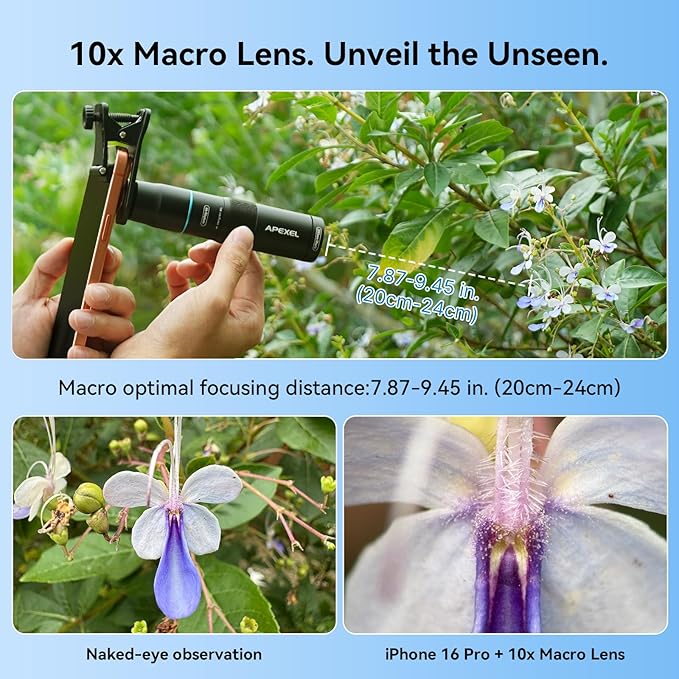 APEXEL 10X Tele-Macro Pro Dual Lens 2-in-1, Portable Clip-On Telephoto Macro Lens for 16 pro, Pro Photography for Travel, Concert, Exploration