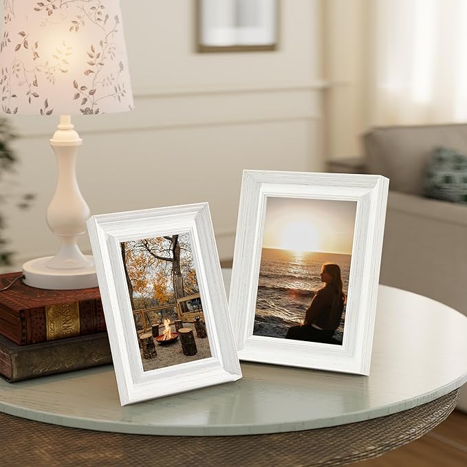 Vittanly 4x6 Picture Frame Set of 4, Vintage Photo Frame for Wall or Tabletop, Display 3.5x5 Pictures with Mat or 4x6 without Mat, Rustic Farmhouse Home Decor, Vintage White