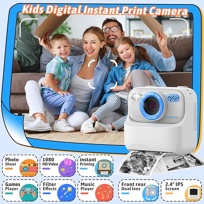 Kids Instant Digital Cameras for Boys and Girls, 1080P HD Dual-Lens Selfie Digital Camera with Print Paper & 32G Card, Christmas Birthday Gifts Toys for Toddler and Teenagers Age 3-16 Years Old