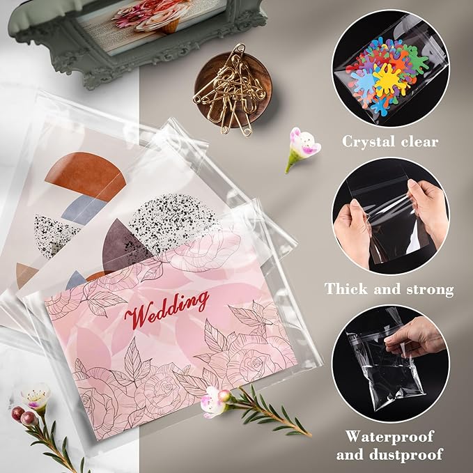 Golden State Art, Pack of 100 5 x 5 Crystal Clear Storage Sleeves, Acid-Free Resealable Cellophane Bags for 5x5 Cards, Candle, Soap, Gift Supplies