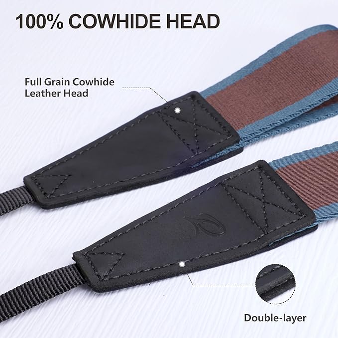 Padwa Lifestyle Adjustable Camera Strap - 1.5" Top Layer Cowhide Head Camera Straps for Photographers, Cotton Adjustable Neck Shoulder & Crossbody Strap Quick Release for All Cameras and Binoculars