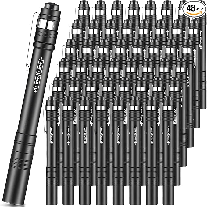 48 Pack Christmas Mini Pen Flashlights Bulk Gifts LED Pen Lights Aluminum Pocket Flashlights with Clips Small Handheld Torches for Men Camping Hiking Emergency Outdoor (Black)