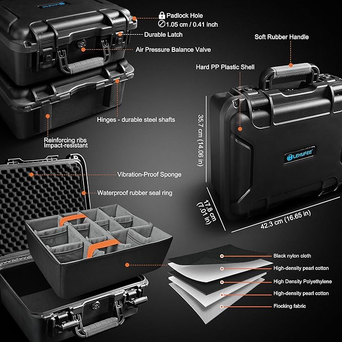 Lekufee Waterproof Hard Carrying Case with Padded Dividers for DJI Mavic 4 Pro, Air 3S, Mini 5 Pro/4/3, Partial Sony/Canon/Nikon Camera and Lens, and Accessories - Black