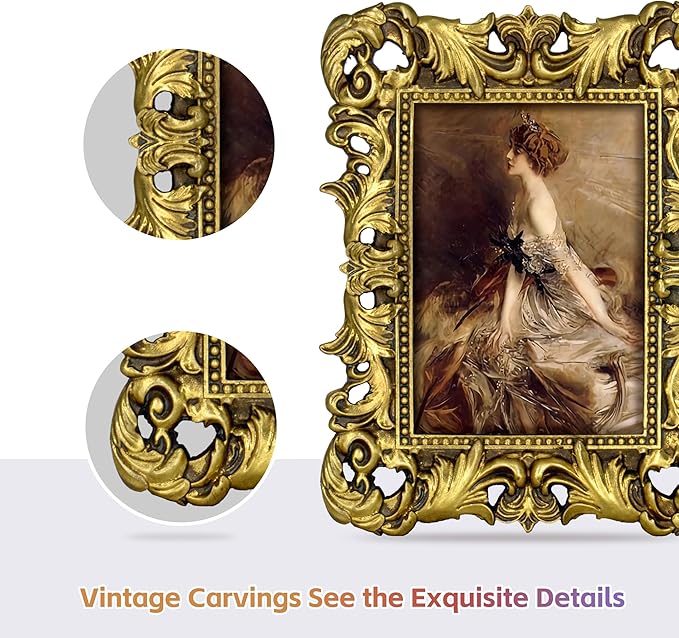 Gold Picture Frames 5x7 Vintage Gothic Ornate Antique Small Baroque Frame for Tabletop or Wall Display with Glass Front