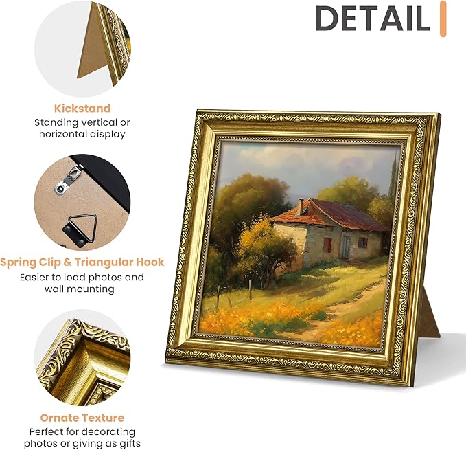 upsimples 8x8 Picture Frame with Real Glass, Ornate Vintage 8 x 8 Photo Frames for Wall Decor or Tabletop Display, Gold, 2 Pack