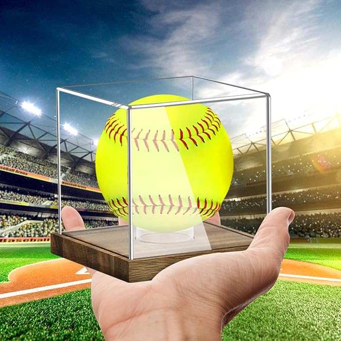 Clear Acrylic Softball Display Case with Wood Base, Memorabilia Stand Cube Holder, Dust Protection Transparent Storage Box for Single Ball Souvenir Softball Collections