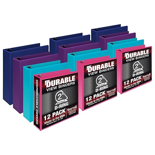 Samsill Durable 2 inch 3 Ring Binder, Made in USA, D Ring Binder, FSC 100% Recycled Chipboard, Fashion Assortment, 12 Pack