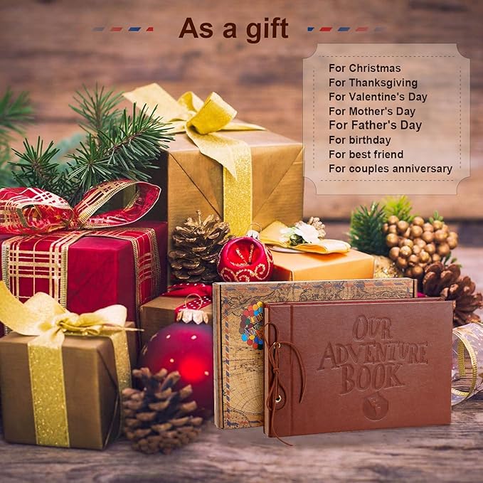 Our Adventure Book Scrapbook Photo Album,3D Embossed Words Leather Memory Book with 80 Pages for Couples Gifts,Anniversary Wedding,Valentine's Day