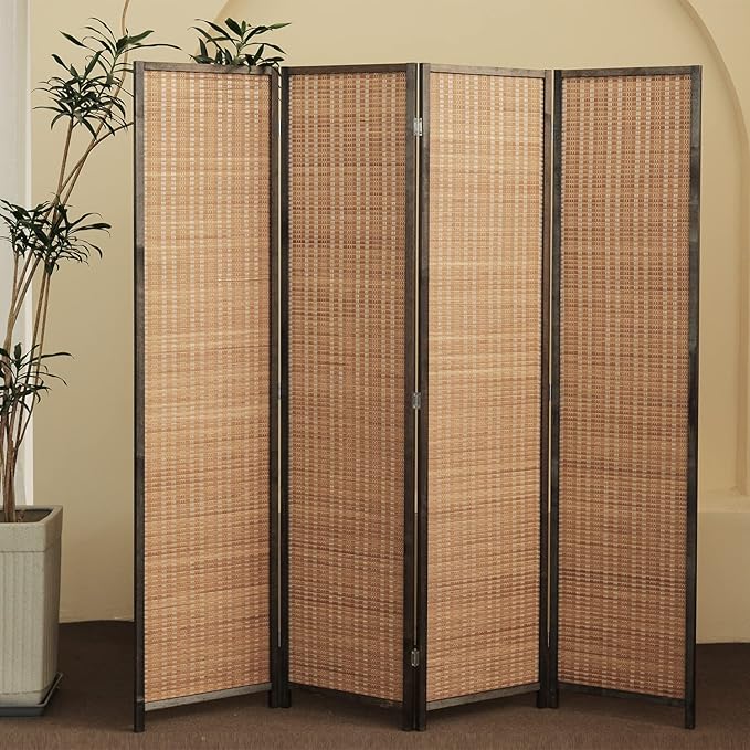4 Panel Bamboo Room Divider and Folding Panel Screen,Bamboo Panel Divider for Room Separation,Brown,67" H x 61.4" W