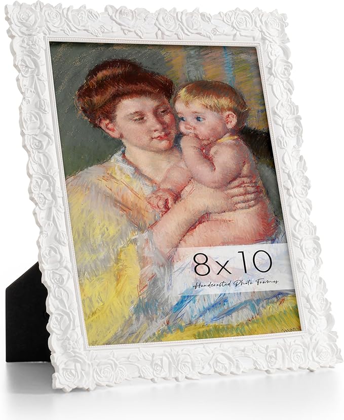 Axeman 8x10 Vintage Picture Frame | Antique 8 x 10 Picture Frame with Real Glass | Ornate Rose Frames 8x10 for Wall & Tabletop Display | Retro White 8 x 10 Frame - White