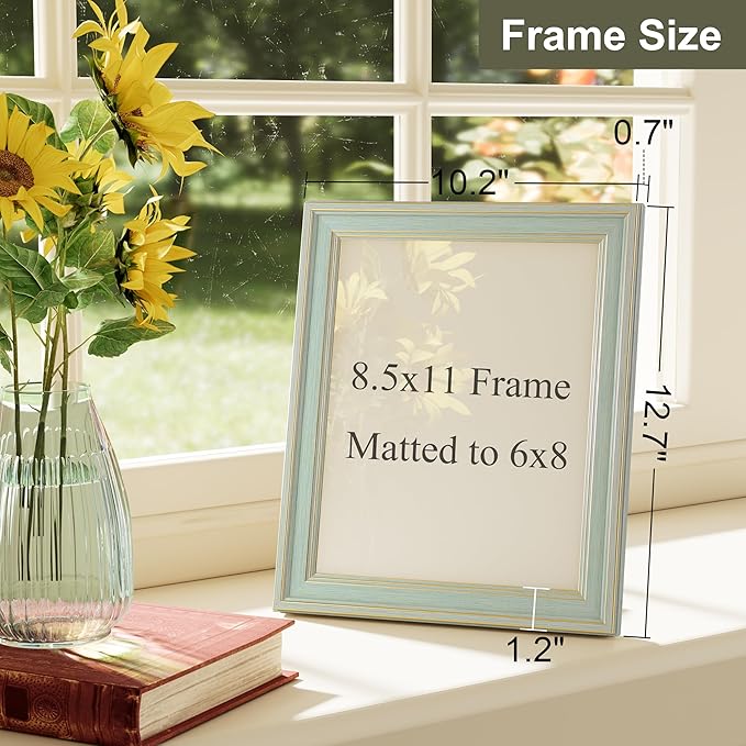 Vittanly 8.5x11 Picture Frame Set of 4, Vintage Photo Frame for Wall Mount, Display 6x8 Pictures with Mat or 8.5x11 without Mat, Rustic Farmhouse Home Decor, Light Green