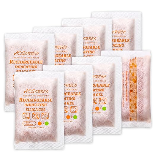 ADSorbco 50 Gram (8 Pack) Silica Gel Packets – Desiccant Packs for Storage, Reusable Moisture Absorbers with Color Change, Orange to Green, for Food, Electronics, Jewelry, Safes