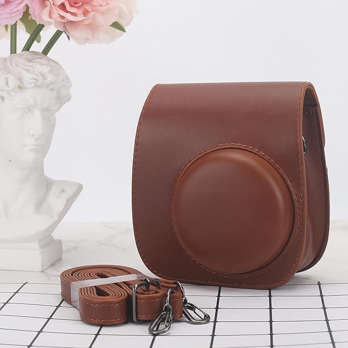 Frankmate Protective Case Compatible with Fujifilm Instax Mini 12 11 9 8 Instant Film Camera with Pocket and Adjustable Strap (Brown)