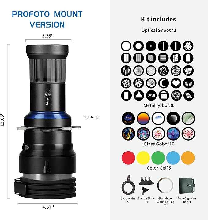 Bussi MG06 Max Optical Snoot kit with 40 Gobos, 36° Optical Lens Spotlight for Photography Video Shape Light Studio,GOBO Light (Compatible with Profoto Mount)
