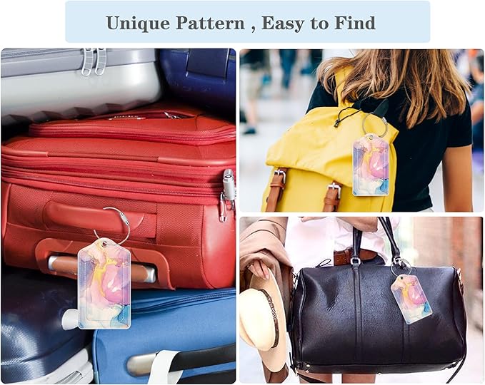 (Set of 2) Luggage Tag Leather Privacy Cover ID Label Address Card with Stainless Steel Loop, Travel Bag Tags Suitcase Labels, Colorful Gold