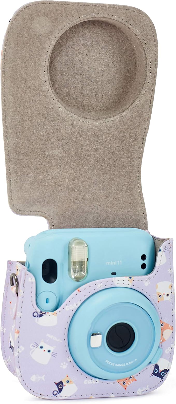 Phetium Instant mini 12 Camera Protective Case Compatible with Instax Mini 12 11,PU Leather Bag with Pocket and Adjustable Shoulder Strap (Purple Cat)