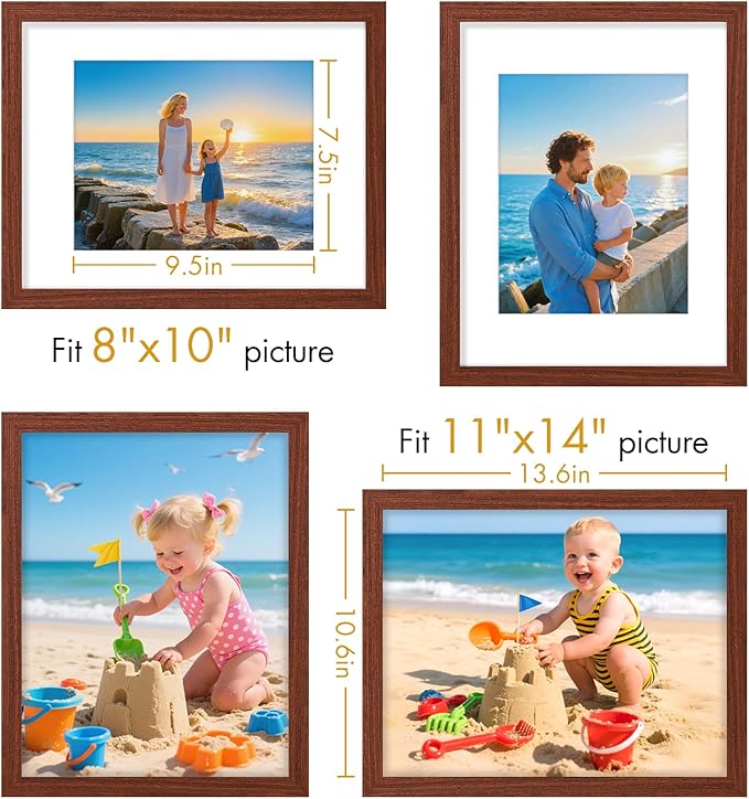 Vittanly 11x14 Picture Frame, Made of Solid Wood and Shatterproof Plexiglass, Display Pictures 8x10 with Mat or 8x10 without Mat, Wooden Photo Frame for Wall Mounting or Tabletop, Brown, 1 Pack