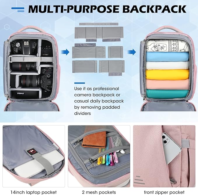 RAINSMORE Camera Bag Professional DSLR SLR Mirrorless Photography Camera Backpack 14 Inch Waterproof Camera Case With Tripod Holder&Laptop Compartment for Canon Nikon Sony for Photographers Pink