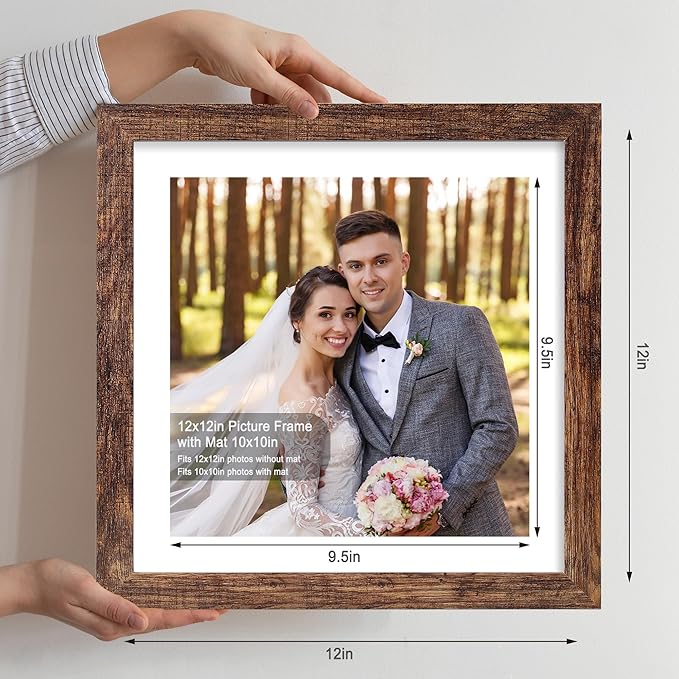 12x12 Picture Frame Set of 4 - Made of Glass and Rustic Brown Wooden Frame, Display Square Pictures 10x10 with Mat or 12 x 12 without Mat, Desktop & Wall Collage Photo Frame